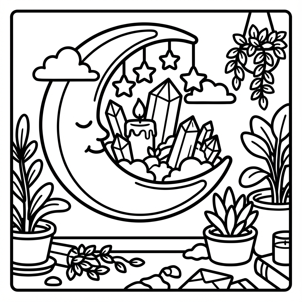 Magical crescent moon holding crystals and a candle, great for wide margin coloring sheets and bold line coloring pages.